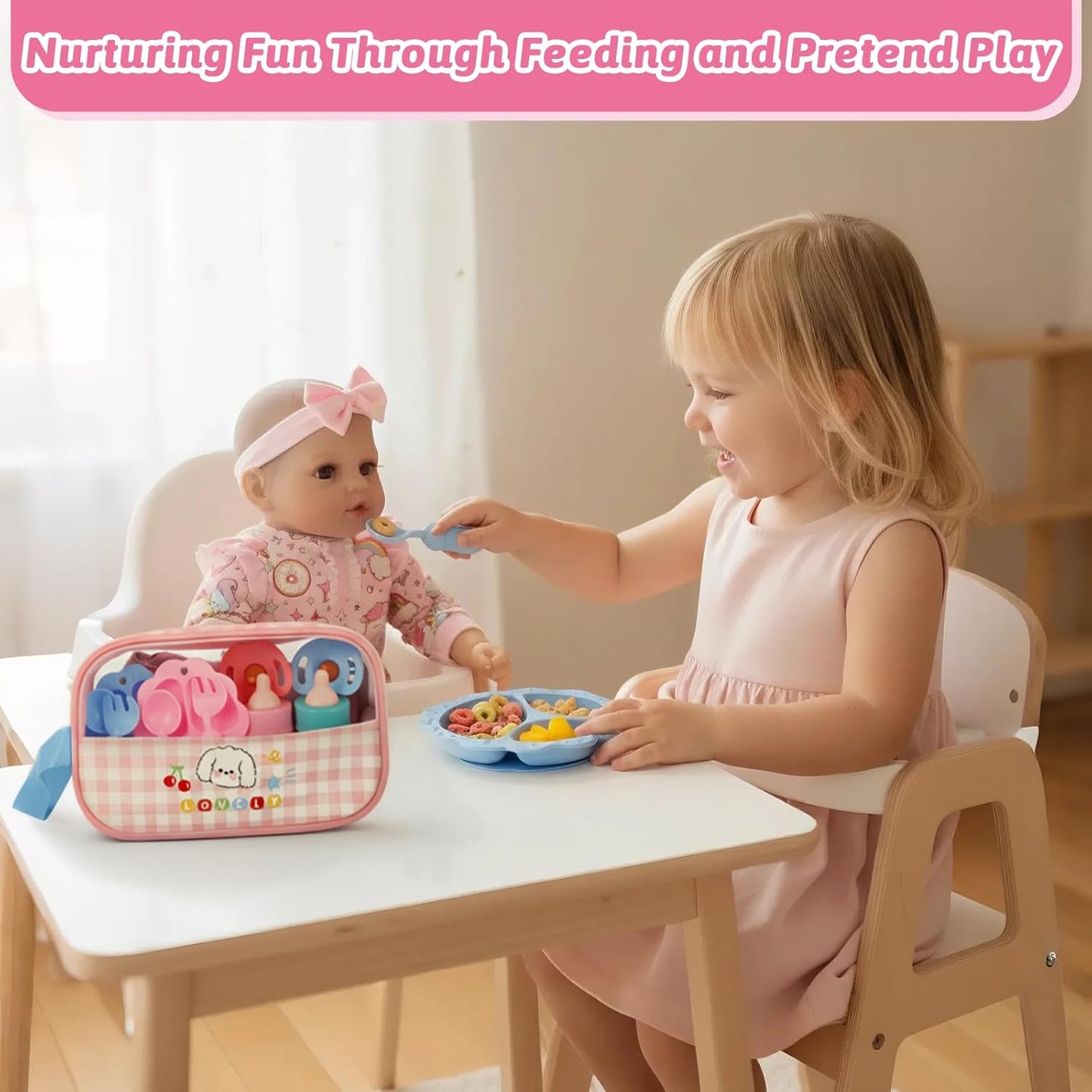 CARANOVO Baby Doll Accessories Set – 7 Pcs Feeding and Caring Set with Magic Disappearing Bottles, Pacifier, Diapers and Bibs Doll Pretend Play Gift for Kids