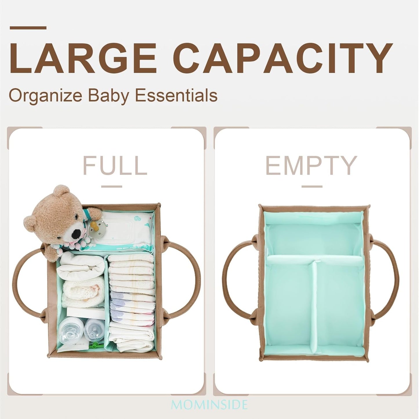 MOMINSIDE Diaper Caddy Organizer, Baby Basket Nursery Storage, Portable Changing Table Car caddy organizer for Girl Boy, Baby Registry Baby Shower Gifts, Newborn Essentials(Brown), FA231103-2N
