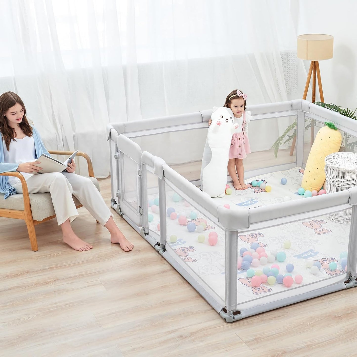 Sweeby Foldable Baby Playpen, Baby Gate Playpens for Babies and Toddlers 79x71 Extra Large Play Yard with Door Fence with Mat and Indoor Play Pen,Light Grey