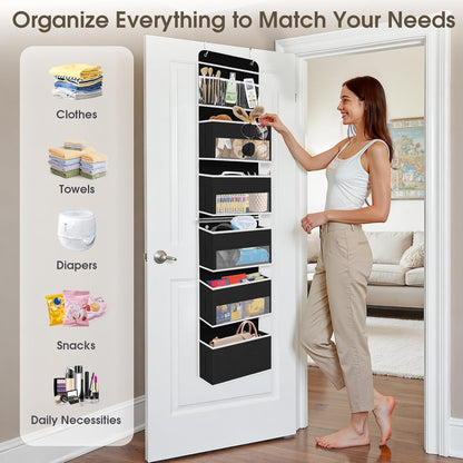 SpaceHacks 1 Pack Over The Door Organizer, Hanging Storage Organizer with Clear Window, 40lb Ultra Sturdy Large Capacity Room Organizer for Pantry Laundry Bathroom Nursery Closet Baby Essential (Grey)