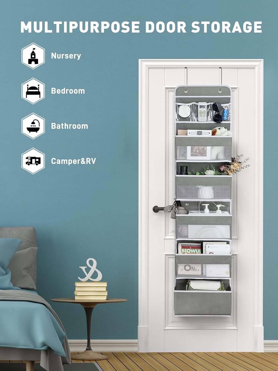 Yecaye 1 Pack Over the Door Organizer, 35.2lbs Load Toy Stuffed Animal Storage, Swing-proof Hanging Bathroom Organizers and Storage for Nursery Newborn Baby Essential Stuff Dorm Room Essentials