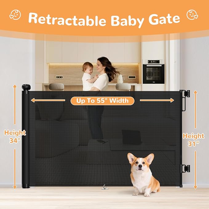Retractable Baby Gate for Stairs - 34" Tall Extends to 55" Wide Mesh Baby Gate with Anti-Crawling Hook, Adjustable Baseboard Bracket, Pet Gate for Doorways, Hallways, Indoor & Outdoor, Black