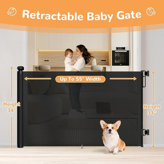 Retractable Baby Gate for Stairs - 34" Tall Extends to 55" Wide Mesh Baby Gate with Anti-Crawling Hook, Adjustable Baseboard Bracket, Pet Gate for Doorways, Hallways, Indoor & Outdoor, Black