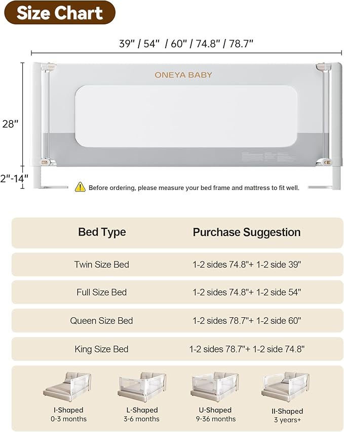 Bed Rail for Toddlers, Thickened & Reinforced Bed Rails for Queen ith Double Child Lock, Upgraded Toddler Bed Rails with Height Adjustable, Kids Baby Bed Rail Guard, White/Grey, 1Side 60" Lx28 H