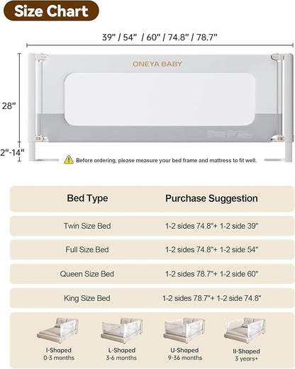 Bed Rail for Toddlers, Thickened & Reinforced Baby Bed Rail Guard for Twin Bed with Double Child Lock, Upgraded Toddler Bedrails with Height Adjustable, White/Grey, 1Side 39" Lx28 H