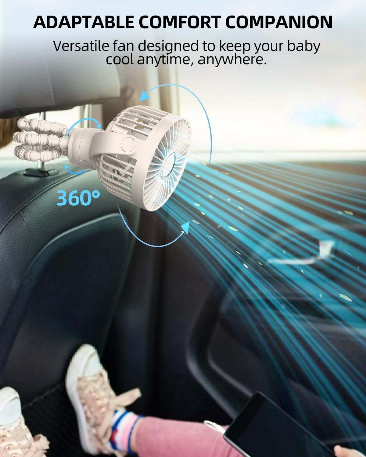 Portable Stroller Mini Fan, Small Rechargeable Personal Fan, Baby Travel Essentials for Wagon, Car Seat, Treadmill, Battery Powered Biking Gear Accessories, 360° Rotation, 3-Speed, Display, Black