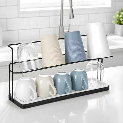 2-Tier Bottle Drying Rack Cup Cradle Storage with Drain Removable Tray Mug Organizer, Over Sink Instant Dry Small Dish Dryer for Kitchen Countertop Water Bottles and Tumblers,Coffee Mugs, Glasses,