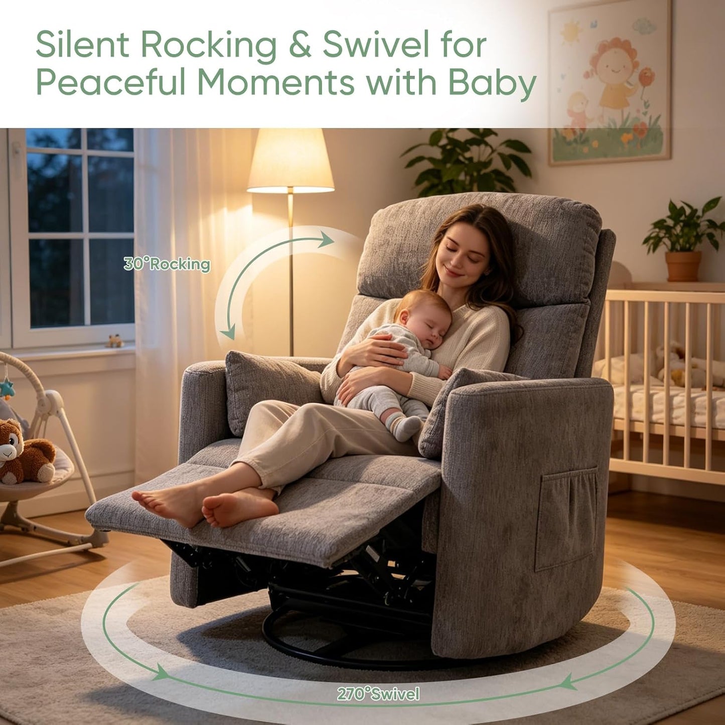 Oversized Swivel Rocker Recliner Chair with Heat and Massage, Rocking Chair with Adjustable Headrest, Manual Recliner, Glider Recliner with 2 Pillows, Chenille White