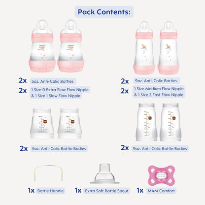 MAM Grow with Baby Anti-Colic Bottle Set – 4 Easy Start Bottles (5oz & 9oz) with Trainer Handles & Spout, Comfort Newborn Pacifier, Extra Bottle Bodies & Nipples, Self-Sterilizing Baby Feeding System