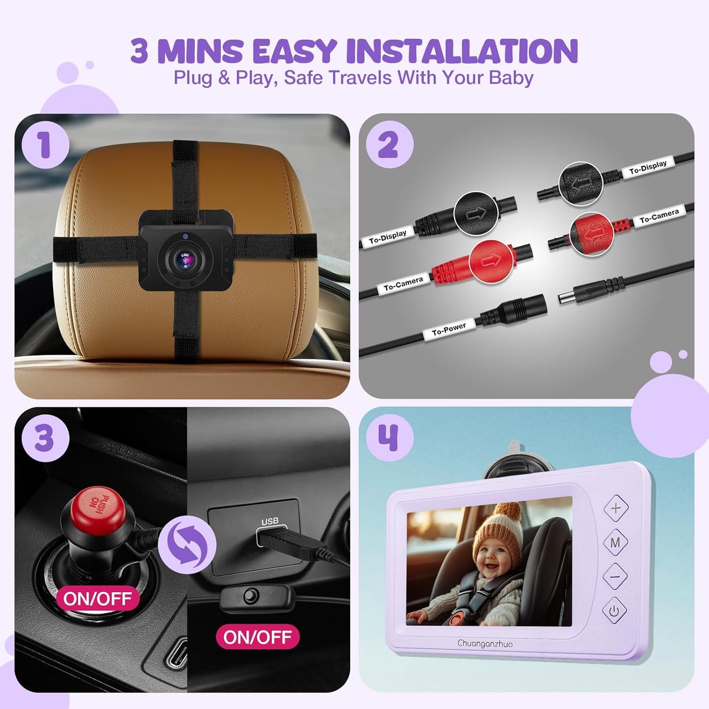 5'' Baby Car Camera with NO.1 Night Vision, USB Powered, Mirror/Normal Mode, 1080P IPS Crystal-Clear Car Baby Monitor With Brightness Setting & 3X Zoom, infant Backseat Camera, S100U, 5inch Black