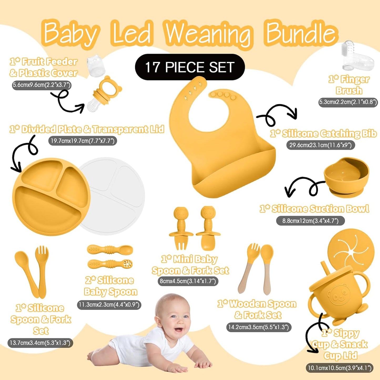 Baby Led Weaning Supplies, 17 Piece BPA-Free Silicone Feeding Set, Eating Essentials Baby Utensils with Suction Plate and Bowl, Pocket Bib, Sippy Cup with Lid, for 6+ Months, Blue