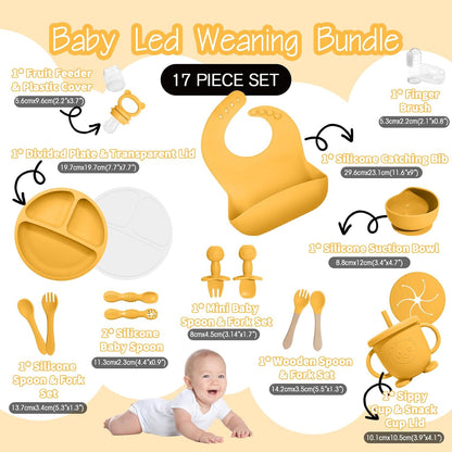 Baby Led Weaning Supplies, 17 Piece BPA-Free Silicone Feeding Set, Eating Essentials Baby Utensils with Suction Plate and Bowl, Pocket Bib, Sippy Cup with Lid, for 6+ Months, Blue