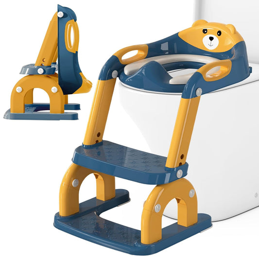 Potty Training Seat with Ladder for Toddlers, 2-in-1 Adjustable Potty Training Toilet for Kids Boys Girls with Splash Guard, Waterproof Cushion, Anti-Slip Pad Step Stool - Dark Blue