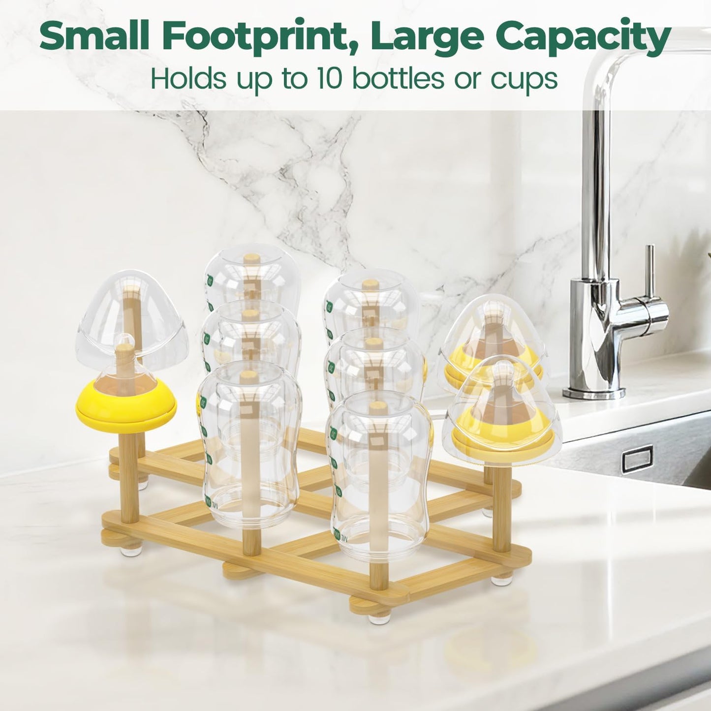 EsLuker.ly Baby Bottle Drying Rack Bamboo Vertical Dryer Holder, Space Saving for 12 Milk Glass Bottle Countertop, Wooden Drain Stand Shelf for New Parents