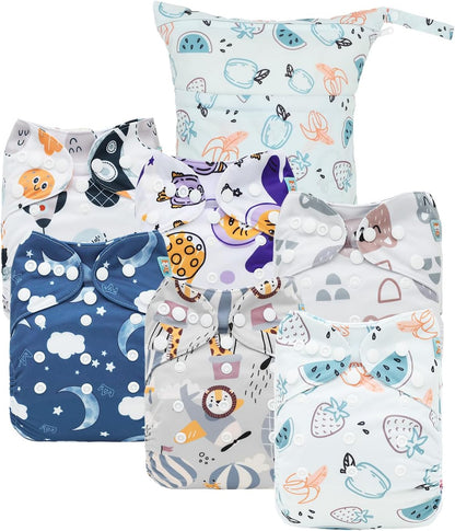 ALVABABY 6pcs Cloth Diaper Covers &1 Wet Dry Bag, Washable Reusable Cloth Nappy Shell for Prefold with Multi-Functional Bag, Flat or Fitted Diaper Inserts 6NKZ06