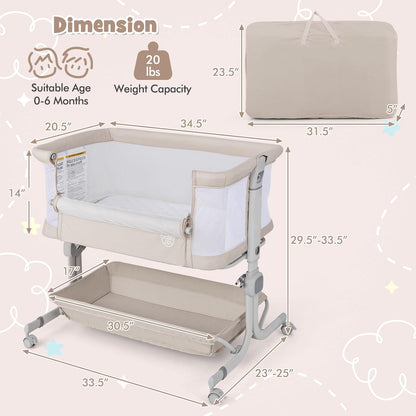 BABY JOY Bassinet, Bedside Crib w/ 6-Level Adjustable Height, Storage Shelf, Wheels, Mattress & Carry Bag for Safe Co-Sleeping, Folding Bassinet Bedside Sleeper for Newborn Infants (Gray)