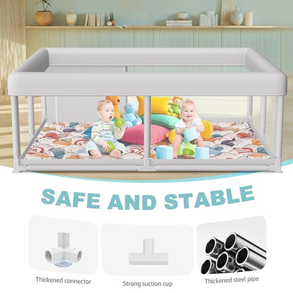 Hiaksedt Baby Playpen with Mat 65 x 50 Inch, PlayPen for Babies and Toddlers, Sturdy Safety Play Yard for Indoor & Outdoor with Zipper Gates