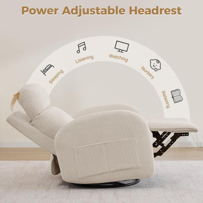 Dual Motors Power Recliner with Adjustable Headrest, Electric Swivel Rocker Recliner for Nursery, Glider Reclining Rocking Nursery Chairs for Small Space, Living Room, Bedroom, Chenille Cream White
