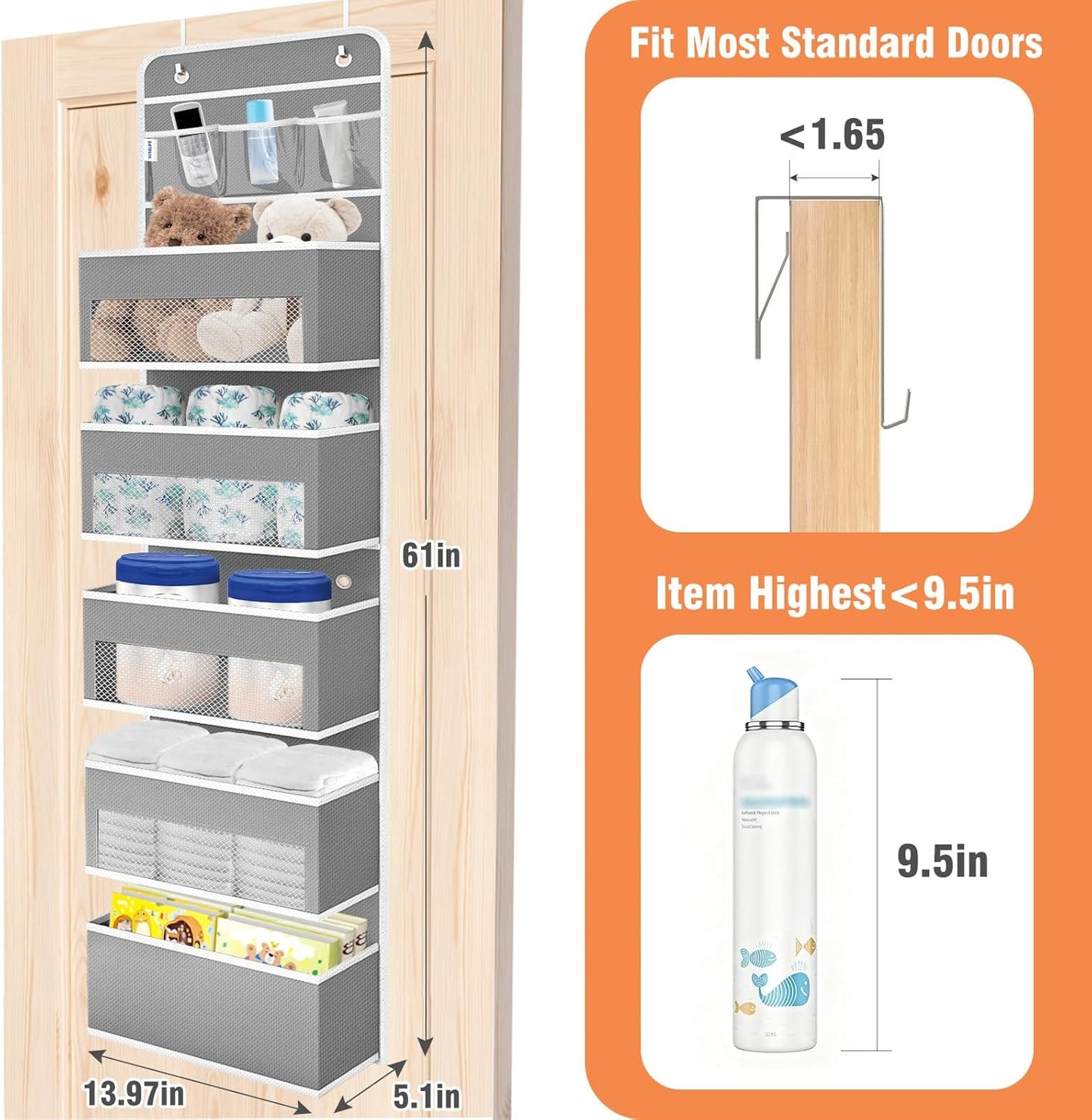 WISELIFE Over The Door Organizer Storage 4 Shelves Large Capacity Hanging Bedroom Storage Solution with 6 Side Pockets for Dorm Bathroom Pantry Nursery and Baby Essentials Holds up to 40 Lbs (Black)