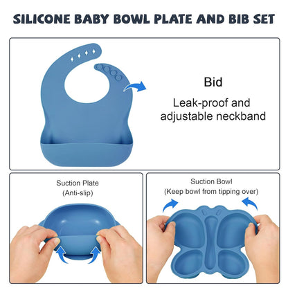 Silicone Baby Feeding Set, Baby Led Weaning Supplies, Baby Food Tableware Silicone Suction Plate, Bowl, Spoons, Fork, Waterproof Bib, Cup & Complementary Food Cake Mold, Baby Eating Utensils