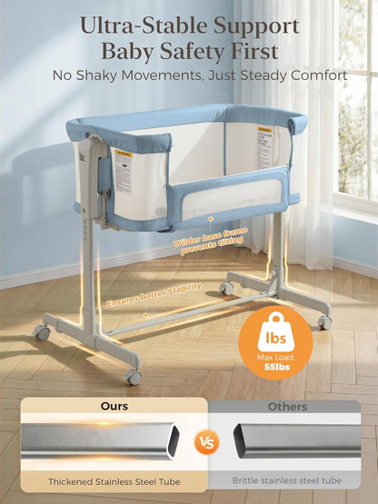 ONTHEWEI Baby Bassinet Bedside Sleeper 3-in-1, Easy Night Feeding with One-Side Fold & Rolling Wheels, Breathable Mesh, 6-Height Adjustable, Soft Mattress for Newborns