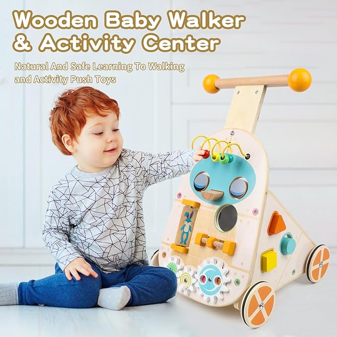 Wooden Baby Walker, Adjustable Speed Push and Pull Learning Activity Walker, Toddler Push Walker Activity Center Toys with 7 Educational Activities for Boys Girls 1 2 3 Year Old
