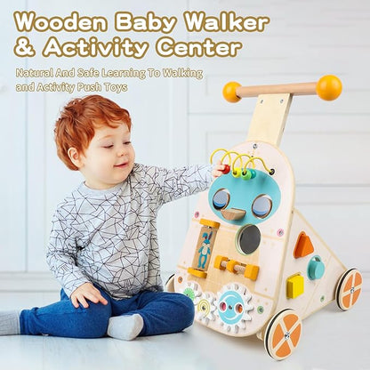 Wooden Baby Walker, Adjustable Speed Push and Pull Learning Activity Walker, Toddler Push Walker Activity Center Toys with 7 Educational Activities for Boys Girls 1 2 3 Year Old