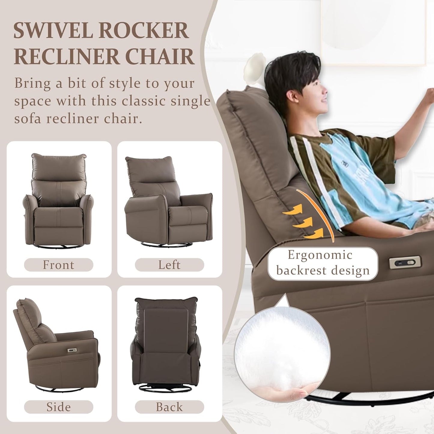 Power Swivel Rocker Recliner Chair for Nursery, Upholstered Snowflake Velvet 270°Swivel Glider Rocker Chair with USB Ports, Small Power Recliners for Small Spaces Living Room