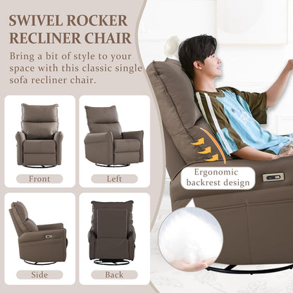 Power Swivel Rocker Recliner Chair for Nursery, Upholstered Snowflake Velvet 270°Swivel Glider Rocker Chair with USB Ports, Small Power Recliners for Small Spaces Living Room