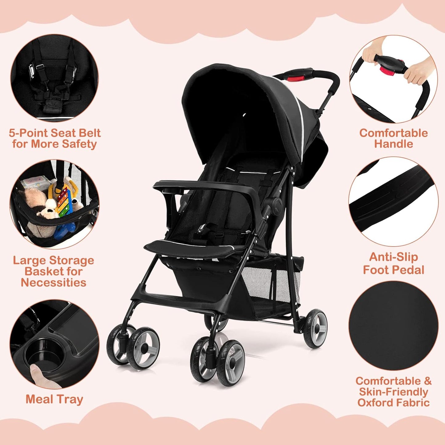 HONEY JOY Lightweight Stroller, Compact Travel Stroller for Airplane, Toddler Fold Pushchair w/Adjustable Canopy & Backrest, Storage Basket, Umbrella Stroller for Infants (Gray)