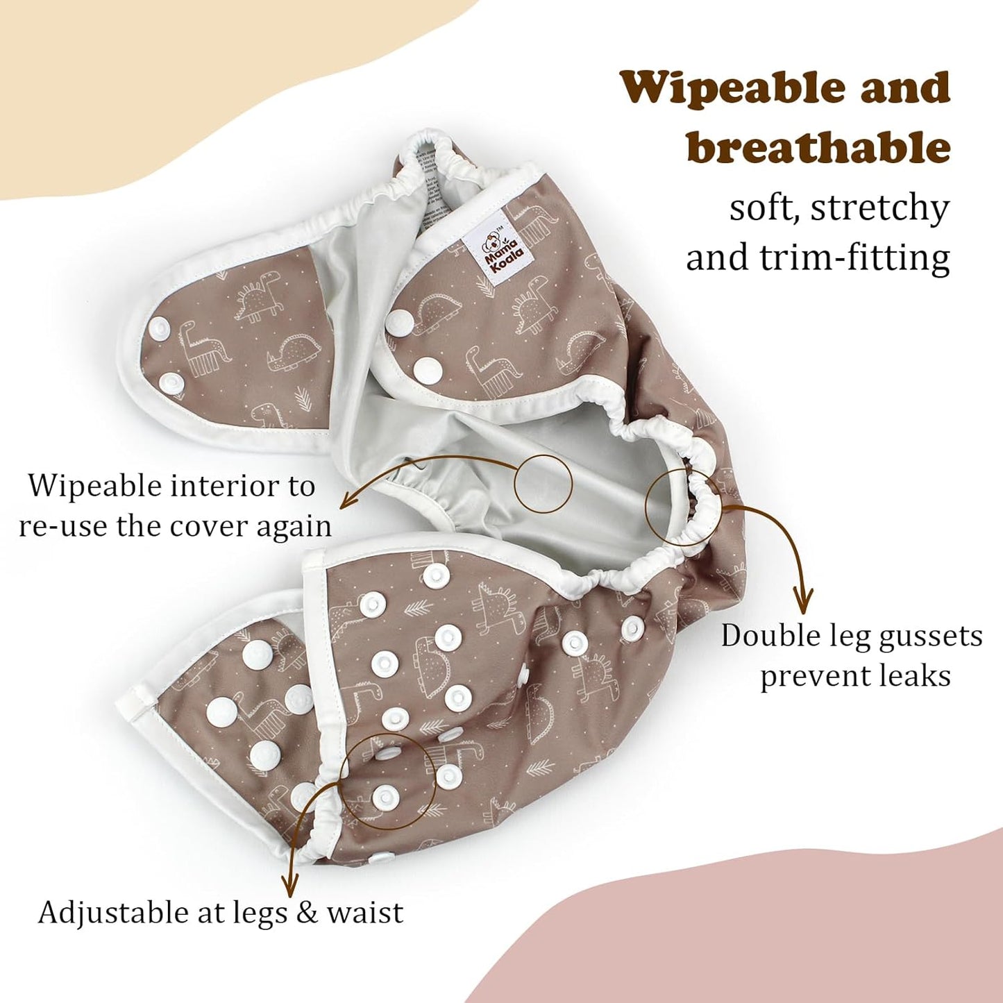 Mama Koala Reusable Adjustable Cloth Diaper Covers with Double Gusset for Girls and Boys, Snap Closure, Size M(Simply Neautrals)