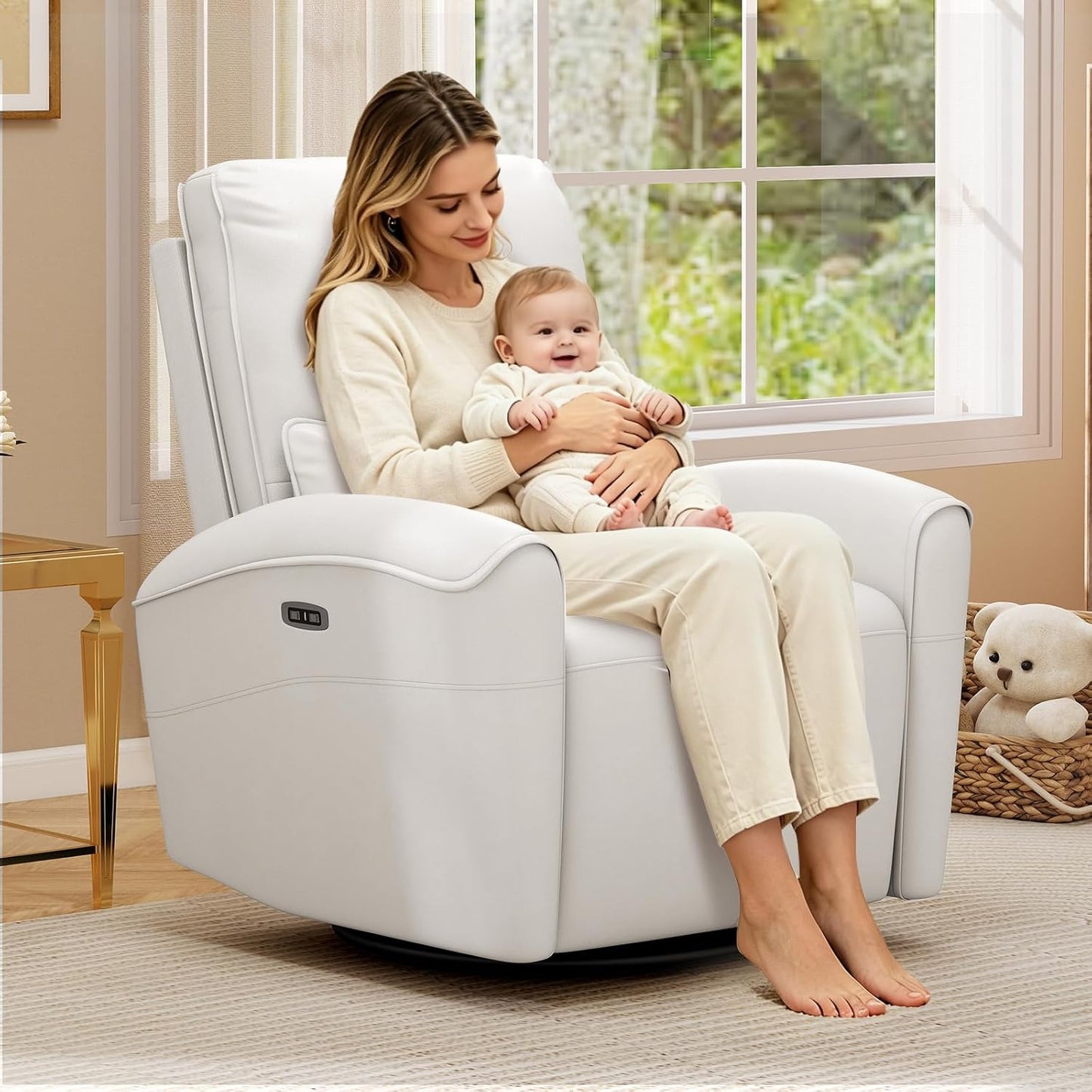 Bonzy Home Power Swivel Rocker Recliner Chair with USB Port, 23.2" Wide Seat, Fixed Lumbar Support, Upholstered Glider Chair for Nursery Living Room, Brown
