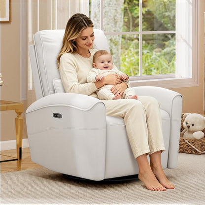 Bonzy Home Power Swivel Rocker Recliner Chair with USB Port, 23.2" Wide Seat, Fixed Lumbar Support, Upholstered Glider Chair for Nursery Living Room, Brown