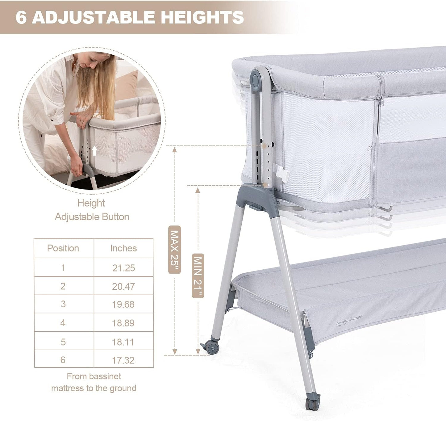 ANGELBLISS Baby Bassinet Bedside Sleeper, Easy Folding Portable Bassinet for Baby with Wheels, Adjustable Height, Included Mattress (Beige)