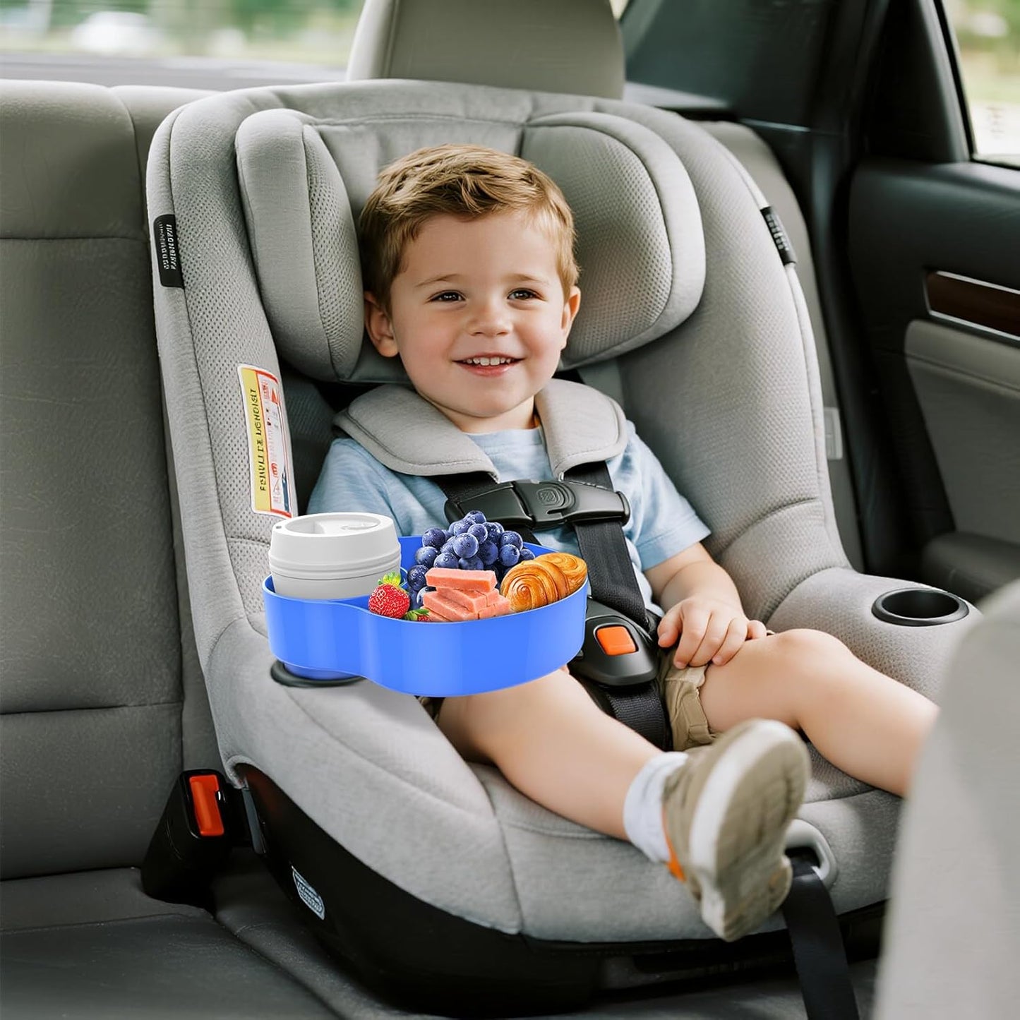 Kids Car Seat Tray, Travel Tray with Cup Holder for Toddler, Baby Car Seat Food Snack Organizer for Road Trip, Stroller snack tray travel must haves (Black 2 Packs)