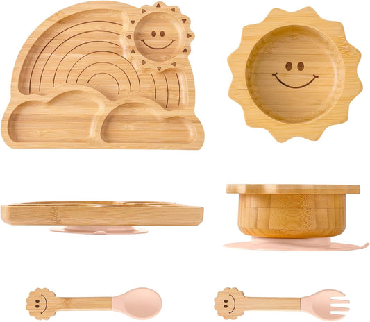 Bamboo Suction Plates Bowls Set for Baby Toddler - Includes Bamboo Bowl, Divided Plate, Silicone Fork & Spoon, All-Natural Baby Feeding Set for Baby-Led Weaning