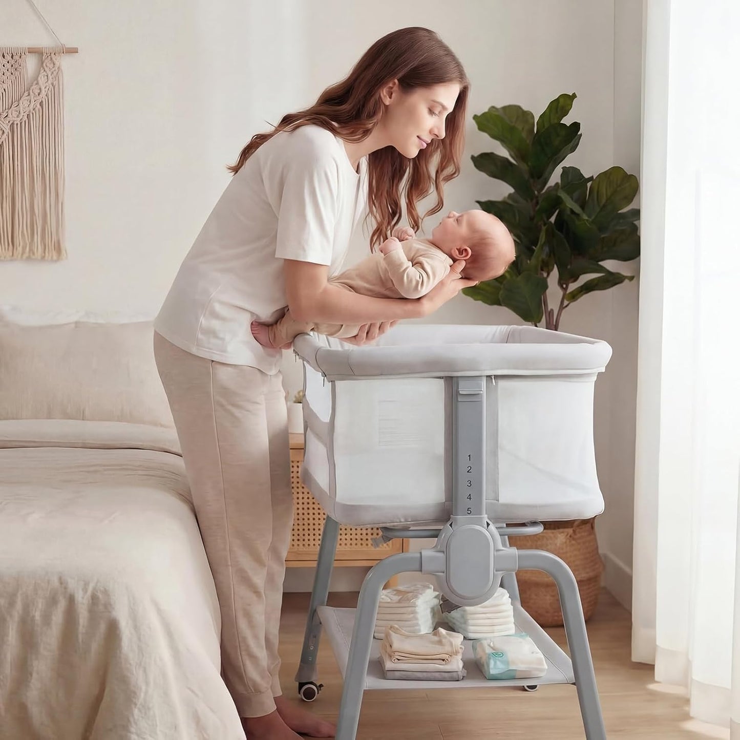 Cowiewie Bassinet Bedside Sleeper, Breathable Baby Bedside Bassinet and Mattress, Lightweight and Portable for Bedside Sleeping, Light Grey