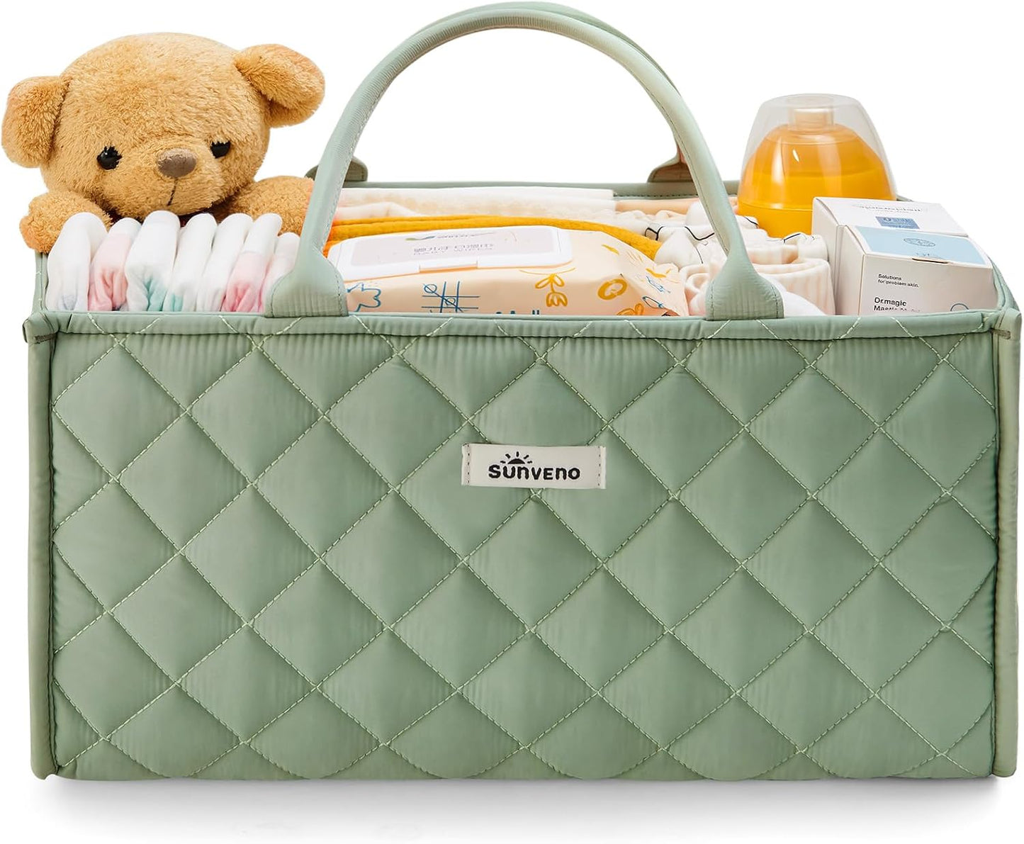 SUNVENO Quilted Diaper Caddy Organizer, Soft Padded Baby Diaper Caddy with Removable Dividers, Large Nursery Storage Basket for Diapers, Wipes and Baby Essentials, Portable Nursery Organizer, Brown