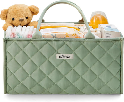 SUNVENO Quilted Diaper Caddy Organizer, Soft Padded Baby Diaper Caddy with Removable Dividers, Large Nursery Storage Basket for Diapers, Wipes and Baby Essentials, Portable Nursery Organizer, Brown