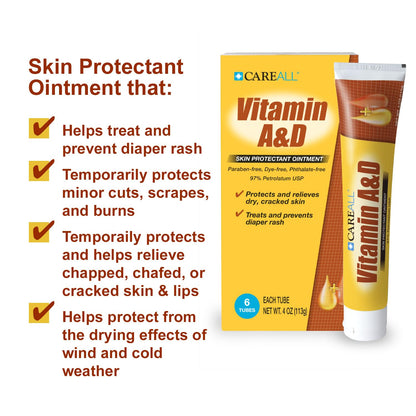 CareAll (6 Tubes) 4oz Vitamin A&D Ointment Treats and Prevents Diaper Rash, Seals out Wetness. Protects and Relieves Dry Cracked Skin, Minor Cuts, Scrapes and Burns