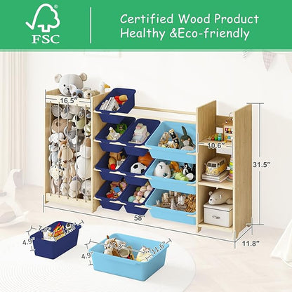 EXPERLAM 3-in-1 Toy Storage Organizer, Stuffed Animal Holder & 3-Tier Bookcase, Solid Wood Toy Organizer with 12 Storage Bins, Space-Saving Toy & Book Shelf for Kids Rooms, Bedroom, Playroom, Blue