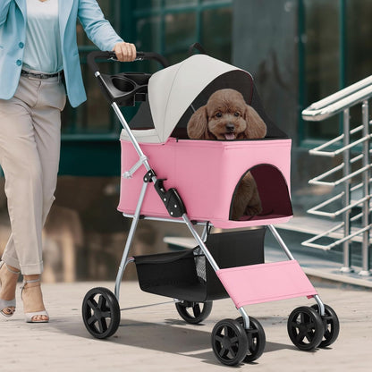 Magshion Compact Pet Stroller for Small-Medium Dogs/Cats up to 22lbs, 4-Wheel Lightweight Umbrella Shaped Portable Puppy Travel Jogger with Breathable Mesh, Cup Holder & Rear Storage, Black