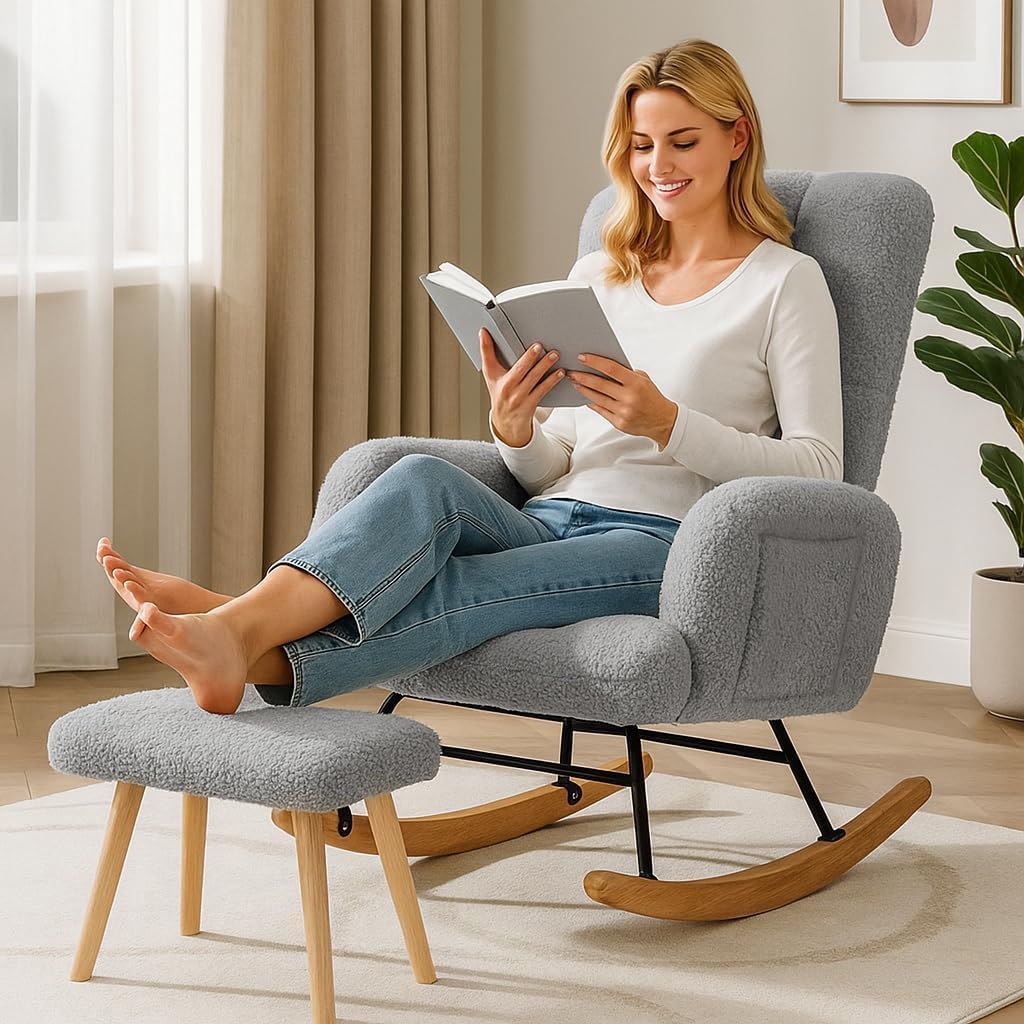 COMHOMA Nursery Rocking Chair with Ottoman,Teddy Glider Rocking Chair,Accent Chair with High Backrest Reading Chair for Adult,Nursery,Bedroom,Living Room,Offices(Beige with Ottoman)