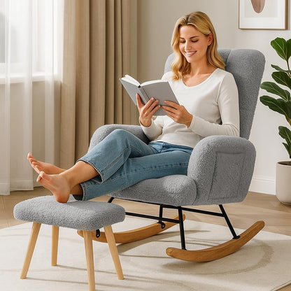 COMHOMA Nursery Rocking Chair with Ottoman,Teddy Glider Rocking Chair,Accent Chair with High Backrest Reading Chair for Adult,Nursery,Bedroom,Living Room,Offices(Beige with Ottoman)