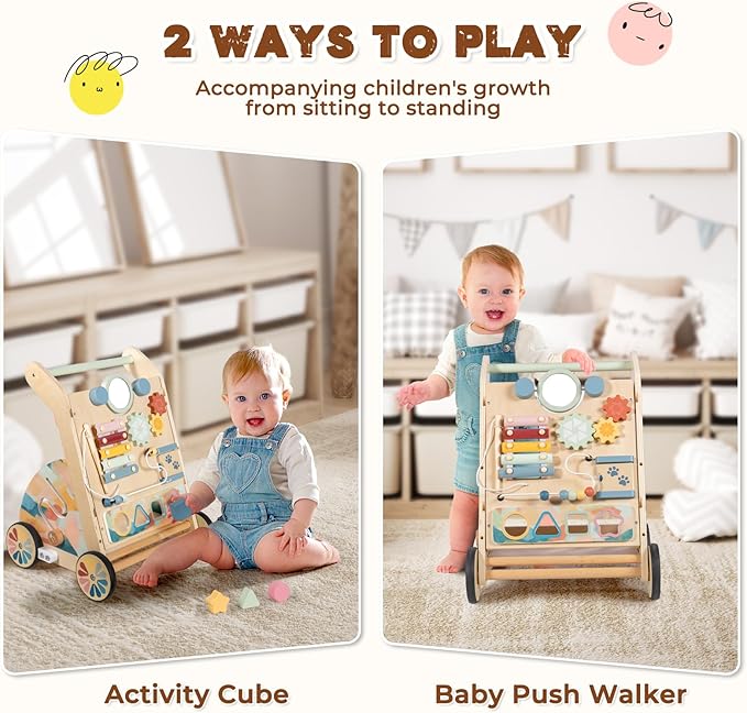 LOL-FUN Wooden Baby Walker with Detachable Busy Board, Push Walker for Baby with Adjustable Speed Wheels, Activity Learning Walker for Boys Girls 12 Months