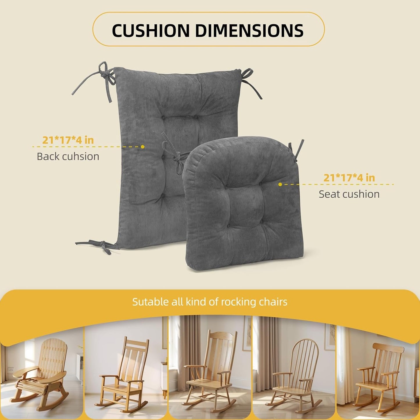 Millsilo Rocking Chair Cushions 3-Piece Set with Neck Pillow, Indoor Rocker Comfortable Tufted Non-Slip Pads with Ties, High-Density Foam Cushion for Adirondack Glider Chair, Orange, 52 x 19 x 4 Inch