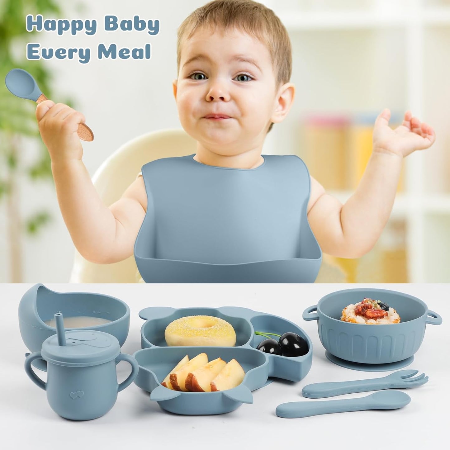 Silicone Baby Feeding Set 15 Pcs，Baby Spoons Suction Bowl Divided Plate Bib Cup Finger Brush Training cups,Baby Led Weaning Supplies,Baby Plates，Toddler Feeding Plates and Bowls Set（purple）