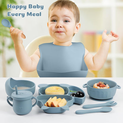 Silicone Baby Feeding Set 15 Pcs，Baby Spoons Suction Bowl Divided Plate Bib Cup Finger Brush Training cups,Baby Led Weaning Supplies,Baby Plates，Toddler Feeding Plates and Bowls Set（purple）