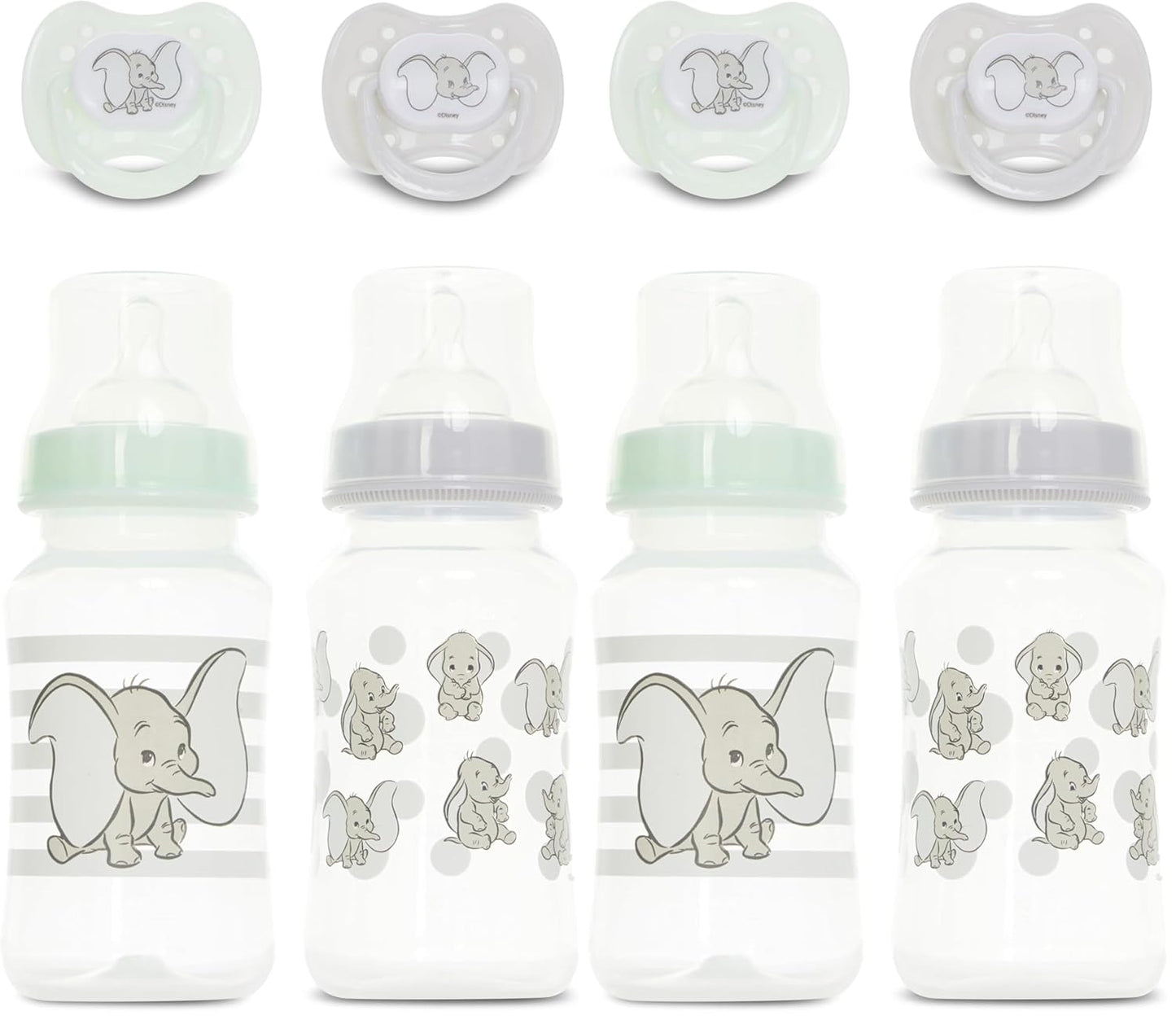 Disney Baby Bottles and Pacifiers Set – 2 Hourglass-Shaped 11oz Bottles + 2 Orthodontic Pacifiers – Officially Licensed Mickey, Minnie, Pooh & Dumbo Designs – BPA-Free Feeding Gift Set