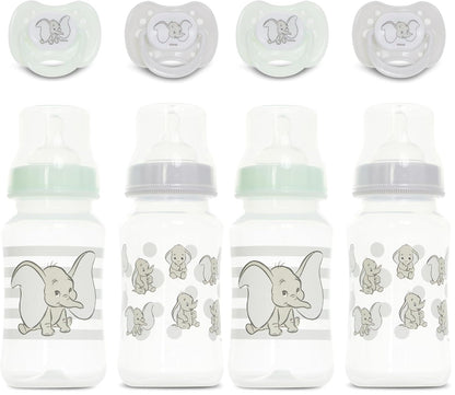Disney Baby Bottles and Pacifiers Set – 2 Hourglass-Shaped 11oz Bottles + 2 Orthodontic Pacifiers – Officially Licensed Mickey, Minnie, Pooh & Dumbo Designs – BPA-Free Feeding Gift Set
